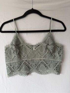 Wishlist Womens Boho Lace Crochet Cropped Cami Top Size L Sage Green Festival